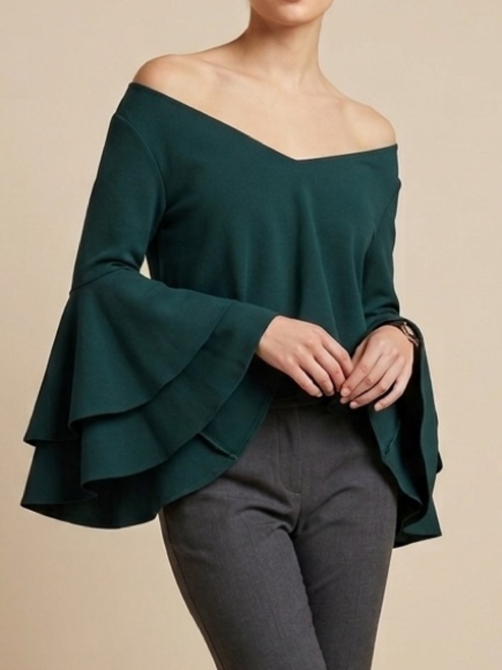 Lulus Off-the-Shoulder Green Blouse Tiered Bell Sleeve Top Shirt Size Large